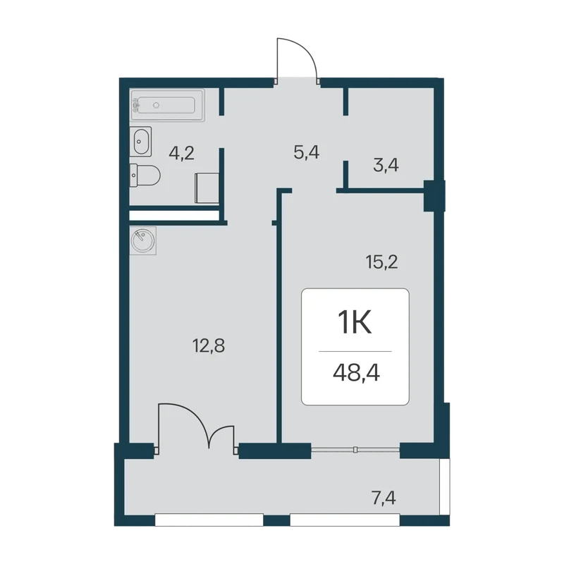 Планировка 1-комнатная, 48,4 м²