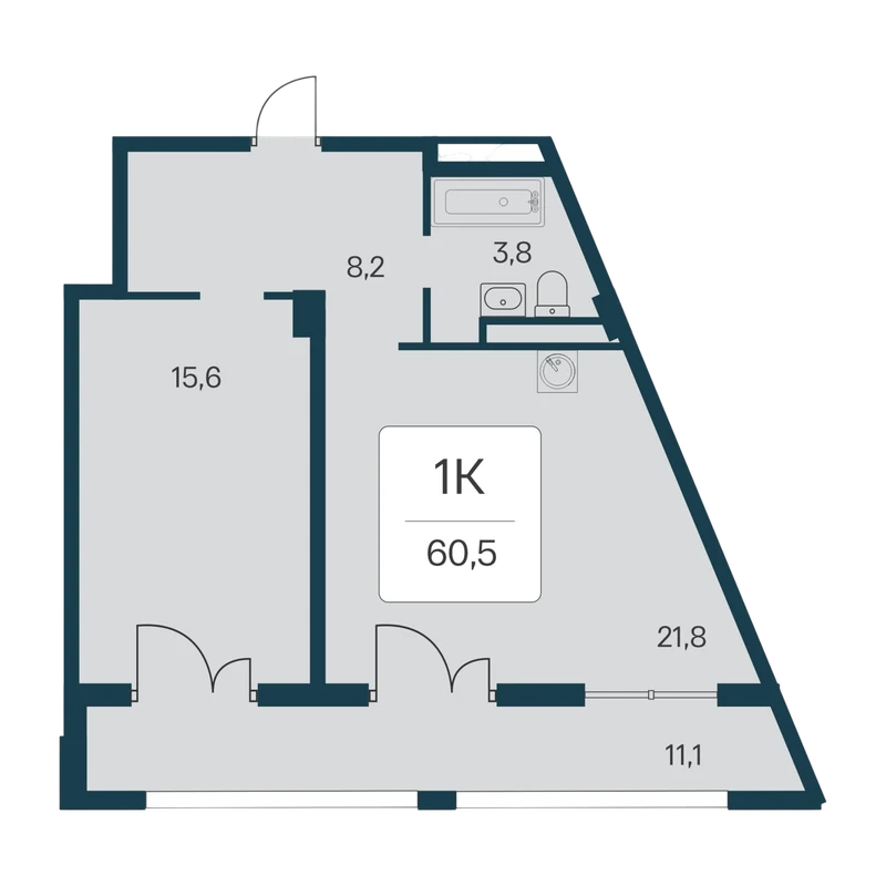 Планировка 1-комнатная, 60,5 м²