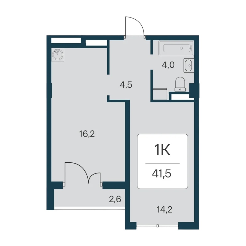 Планировка 1-комнатная, 41,5 м²
